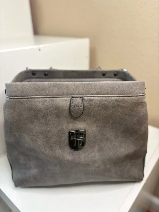 Vintage Doctor Bag Gray Vegan Leather Satchel Structured Multi Pocket - Picture 7 of 9